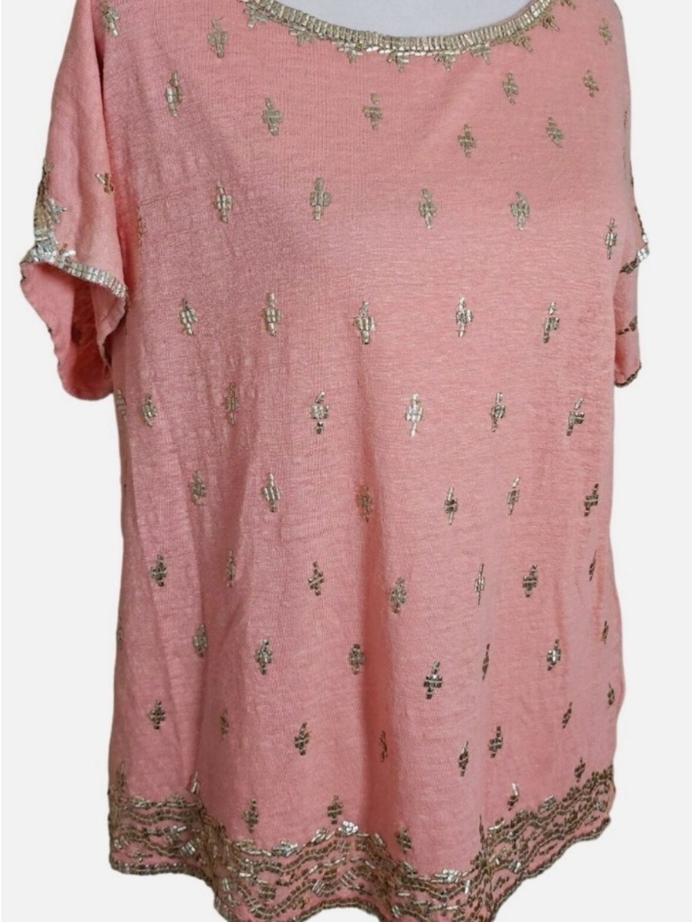 Calypso St. Barth Pink Short Sleeve Sequin-Trimmed Tee, size small
